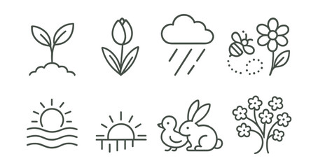 Line style icons of spring: sprouting plant, flower bud icon, gentle rain cloud, pollination symbol, warming soil badge, early sunrise chart, baby animals icon, cherry blossom tree.