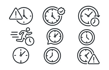 Line style icons of time: delay alert icon, missed deadline symbol, late badge, overtime clock, running out of time, expired event bubble, past due ring, end time warning.