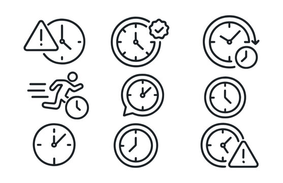 Line style icons of time: delay alert icon, missed deadline symbol, late badge, overtime clock, running out of time, expired event bubble, past due ring, end time warning.