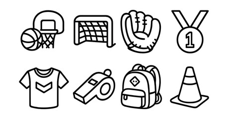 Line style icons of kids’ sports: mini basketball, small soccer net, youth baseball glove, fun run medal, team t-shirt, PE class whistle, sport-themed backpack, jump game cone.