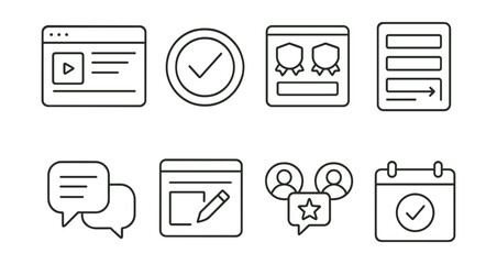 Line style icons of learning platforms: course dashboard, progress tracker, badge collection, module menu, forum discussion, online assignment, peer review icon, calendar reminder.