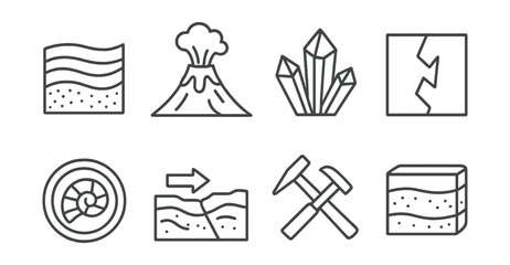 Line style icons of geology: rock layers, volcano icon, crystal formation, earthquake symbol, fossil badge, tectonic plate, hammer and chisel, soil sample.