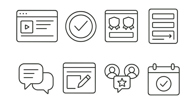 Line style icons of learning platforms: course dashboard, progress tracker, badge collection, module menu, forum discussion, online assignment, peer review icon, calendar reminder.