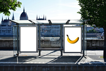 bus shelter at bus stop. transit station. blank white lightbox. empty billboard and ad placeholder. glass structure. urban setting. city skyline and street background. stone sidewalk. base for mockup