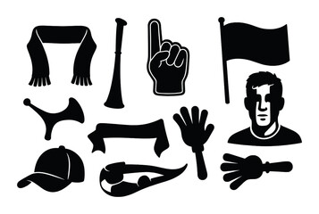 Soccer fan gear silhouette icons set – cheering, accessories, sports enthusiasm symbols