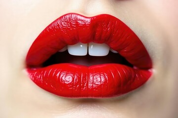 Obraz premium Close-up vibrant red lips, stark white backdrop, still life, beauty, macro
