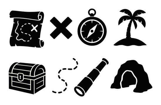 Treasure map silhouette icons set – simple, adventure and exploration symbols