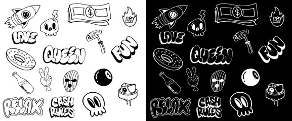 Doodle set graffiti background. hand-drawn style graffiti elements black and white color illustration