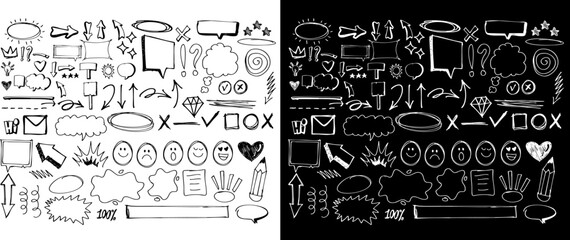 Hand drawn doodle set graffiti elements. Simple sketch line style elements. Doodle arrow, heart, star, clouds, sparkle decoration symbol, icon set, speech bubbles. Vector illustration.
