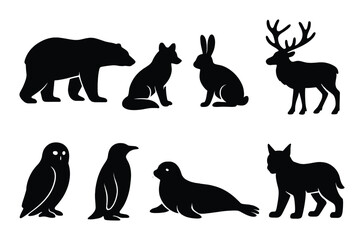 Arctic animals icons set: silhouette, wildlife, nature symbols for design projects