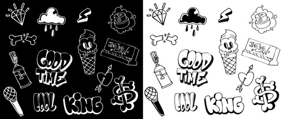 Doodle set graffiti background. hand-drawn style graffiti elements black and white color illustration