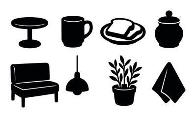 Cozy breakfast nook silhouette icons set &ndash; dining, kitchen and morning elements