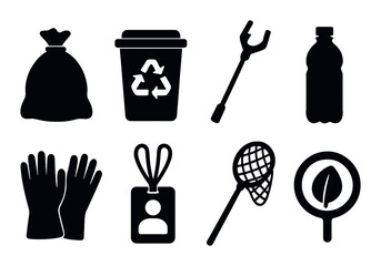 Beach cleanup silhouette icons set – simple, environment and conservation symbols