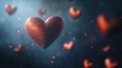 A cluster of red hearts in a dreamy, romantic setting.