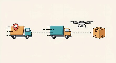 Delivery process illustrated with trucks and drone transporting package  