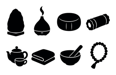 Wellness and relaxation silhouette icons set – health, spa, and meditation symbols