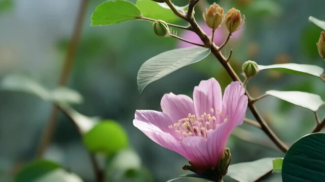 Close-up of a beautiful pink flower blooming alongside buds and green leaves on a warm day outdoors in nature.