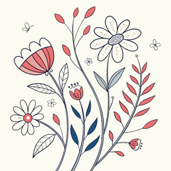Doodle Style Flower Pattern with Hand-Sketched Floral Elements, Playful Design, and Vector Illustration

