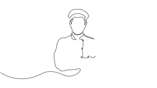 Animated continuous single line drawing of chef in kitchen preparing meal, Self-drawing of a chef preparing a dish with one line restaurant cooking delicious food in 4K.