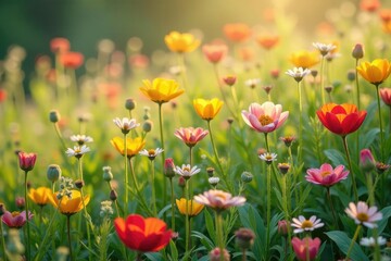 Fototapeta premium Delicate wildflowers bloom densely, creating a colorful floral field , illustration, delicate, field