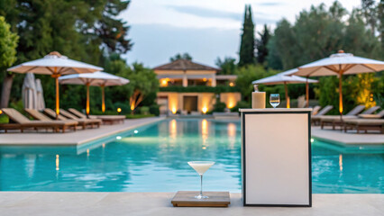 Fototapeta premium Poolside summer scene with blank podium, cocktail, lounge chairs, umbrellas, and luxury villa in relaxing evening light