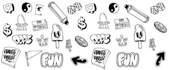 graffiti, graffiti doodle, fashion, outlines, throw-up, icon, doodle vector, graffiti wallart, pattern, graffiti background, graffiti vector, stroke, set, design element, isolated, symbol, design, gan
