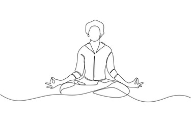 Continuous one line drawing of beautiful female yoga pose character, Doodle illustration of relaxing workout, One continuous single line of woman sitting yoga isolated on white background.