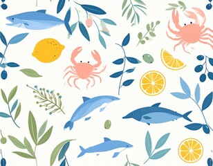 Playful Seafood Pattern Tuna Dolphin Crab Lemon and Olive Branches on White