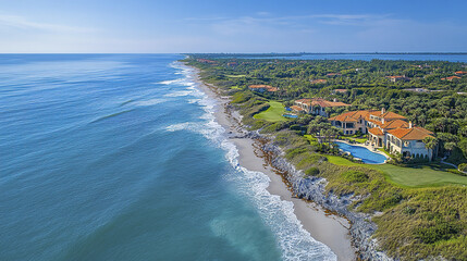 Luxurious oceanfront property with stunning views, lush greenery, and serene coastline