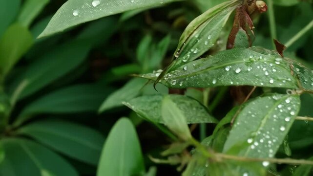 Close-up shot of green plant leaves covered in water droplets, glistening in the light, creating a refreshing, natural, and vibrant scene in nature.