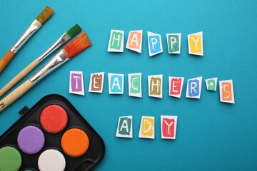 Teacher’s Day greeting with notebooks, pens, and beautiful floral accents