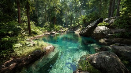 Fototapeta premium A crystal-clear natural spring surrounded by tropical jungle, sunlight filtering through the trees, serene and untouched paradise 