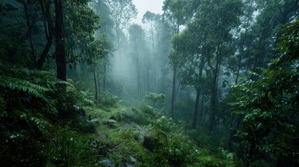 A misty rainforest in the middle of a gentle monsoon rain, lush greenery glowing, raindrops nourishing the earth 