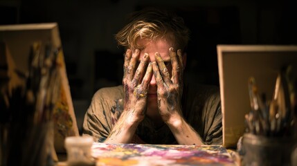 An artist working late at night, paint-covered hands and focused eyes, surrounded by unfinished canvases 