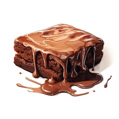 A chocolate brownie with chocolate drizzle on top , isolated on white background.