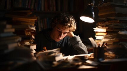 A young person studying intensely at a desk filled with books, soft light from a desk lamp, determination on their face 