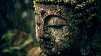 Ancient Buddha statue partially covered in moss, gentle rain falling, quiet reminder of timeless wisdom 