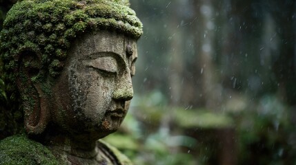 Ancient Buddha statue partially covered in moss, gentle rain falling, quiet reminder of timeless wisdom 
