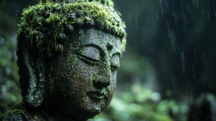 Ancient Buddha statue partially covered in moss, gentle rain falling, quiet reminder of timeless wisdom 