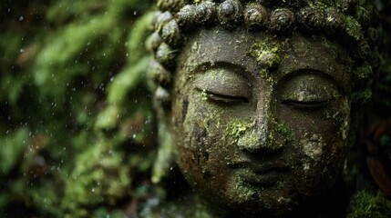 Ancient Buddha statue partially covered in moss, gentle rain falling, quiet reminder of timeless wisdom 