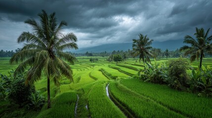 Lush green rice fields in the countryside under heavy monsoon clouds, water droplets glistening on the leaves -