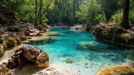 Natural lagoon with turquoise water, white stones at the bottom, hidden in a forest grove, untouched and magical atmosphere 