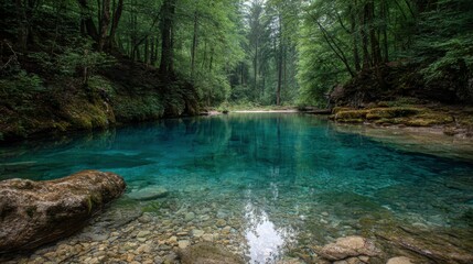Natural lagoon with turquoise water, white stones at the bottom, hidden in a forest grove, untouched and magical atmosphere -