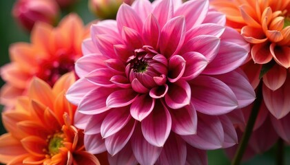 Intricate dahlia blooms, vibrant colors, close-up view, colorful, botanical, decoration