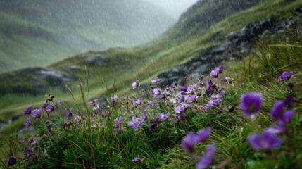 Raindrops nourishing blooming wildflowers on a misty hillside, nature thriving through the rain