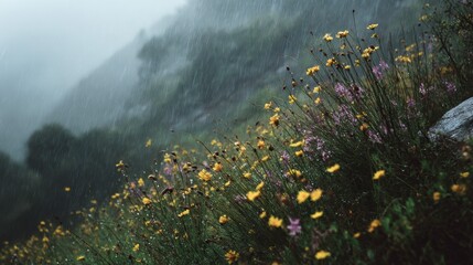 Raindrops nourishing blooming wildflowers on a misty hillside, nature thriving through the rain