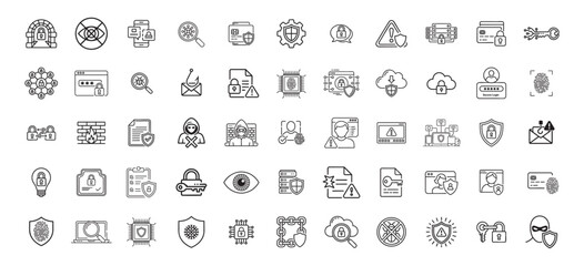 set of cybersecurity icons, data protection and privacy symbol line art, internet security and information safety
