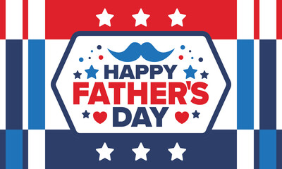 Happy Father’s Day. Honoring dads. Lovely celebration in June. Sweetest family holiday. Party event. Mustache and heart. Blue color. Creative art poster. Vector design