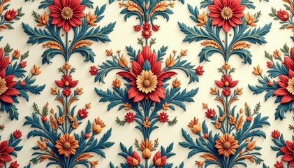 Intricate floral damask pattern in muted tones, leaves, damask