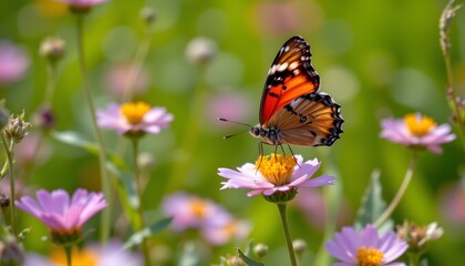 Obraz premium Butterfly on Flower: A vibrant orange and black butterfly delicately perches upon a soft pink flower, set against a backdrop of lush green foliage, showcasing the delicate beauty of nature's artwork.